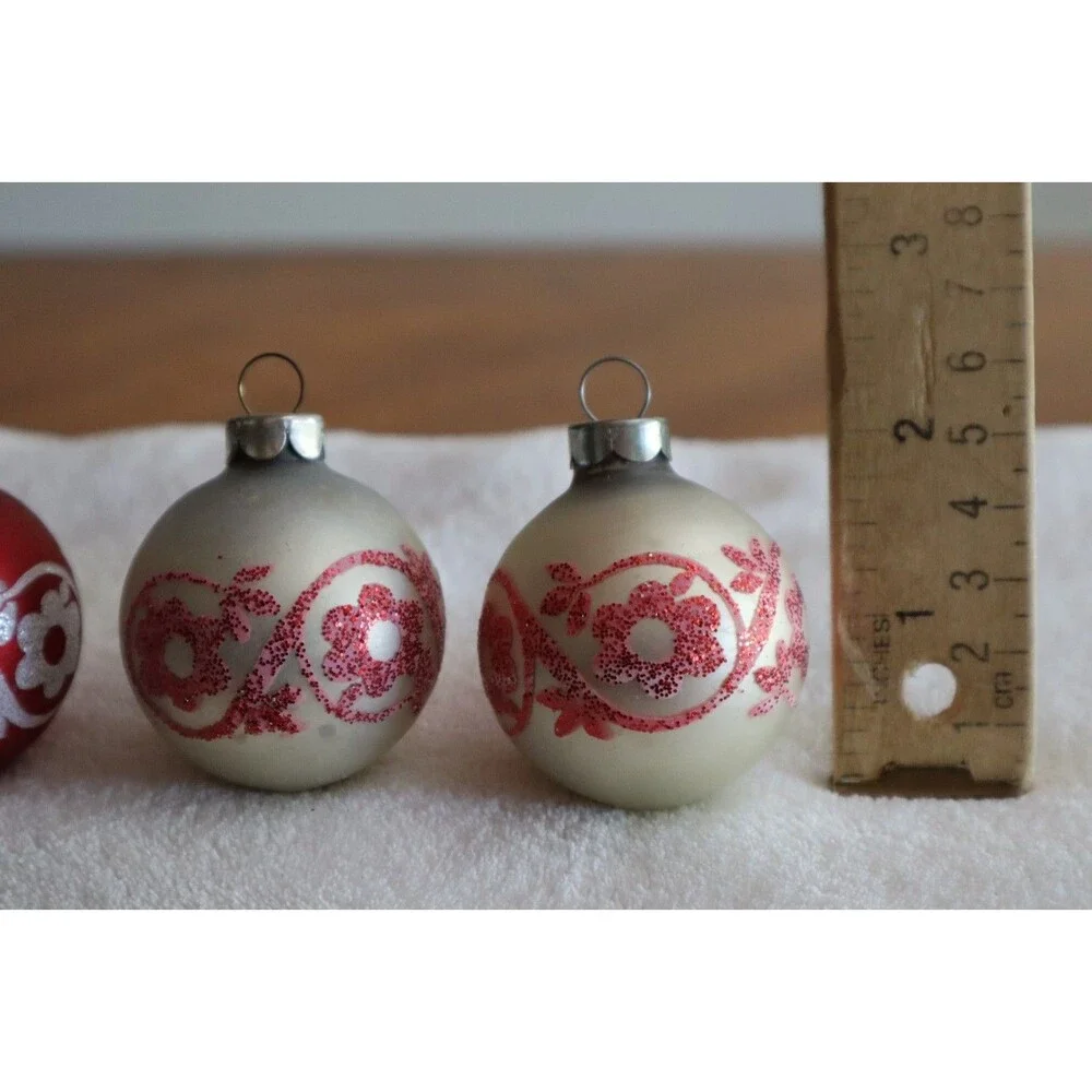 Vintage Lot 6x Glass Ball Red White Glitter Christmas Ornament Flower 1.75
